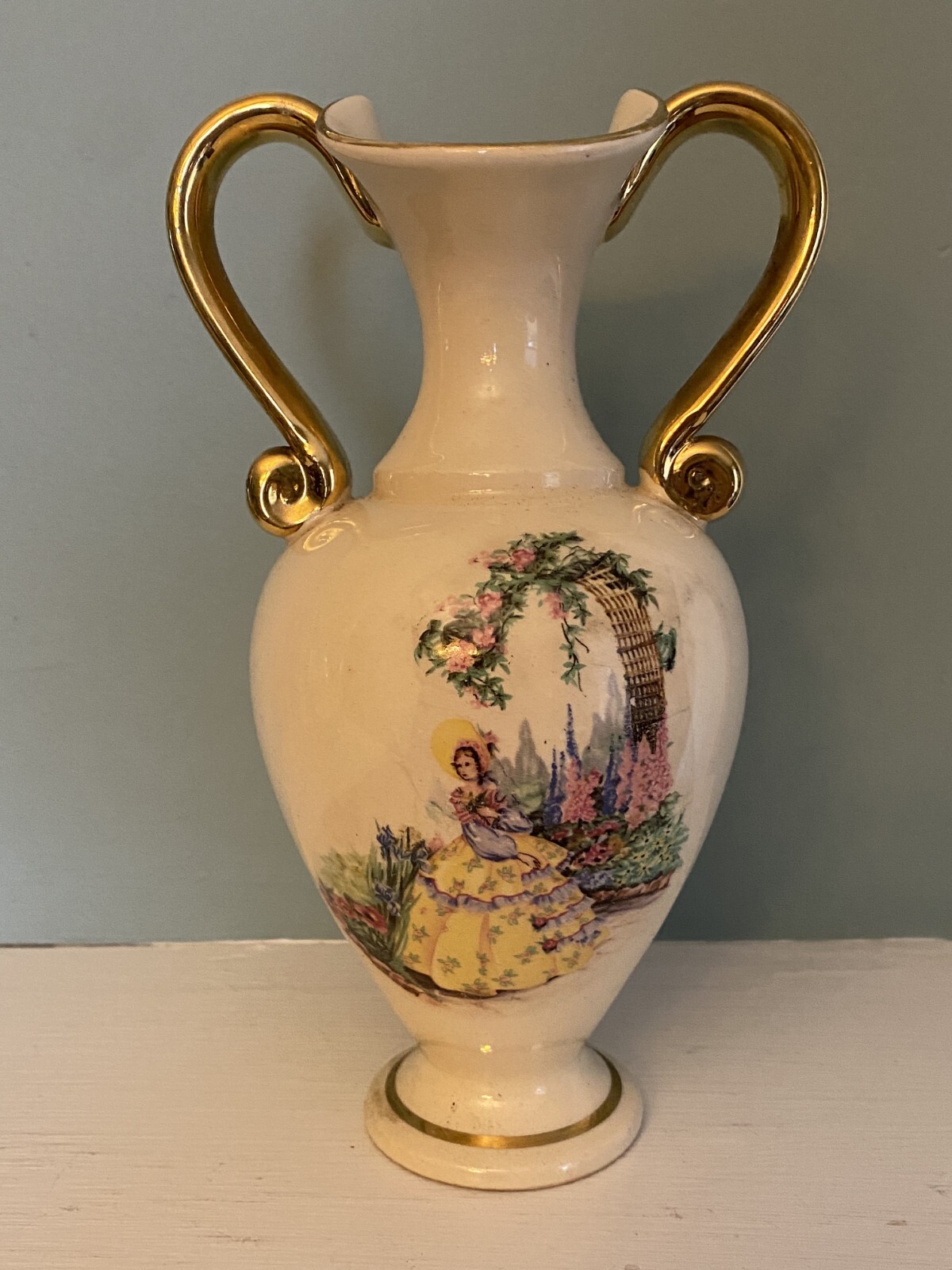 Vintage Vase Made In Norway  - Girl In Royal Garden - Floral Empress Gold Detail
