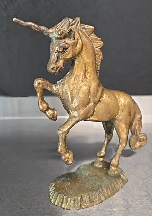 Vintage Solid Brass Unicorn Horse on Brass Stand Mythical Magical Figurine Heavy