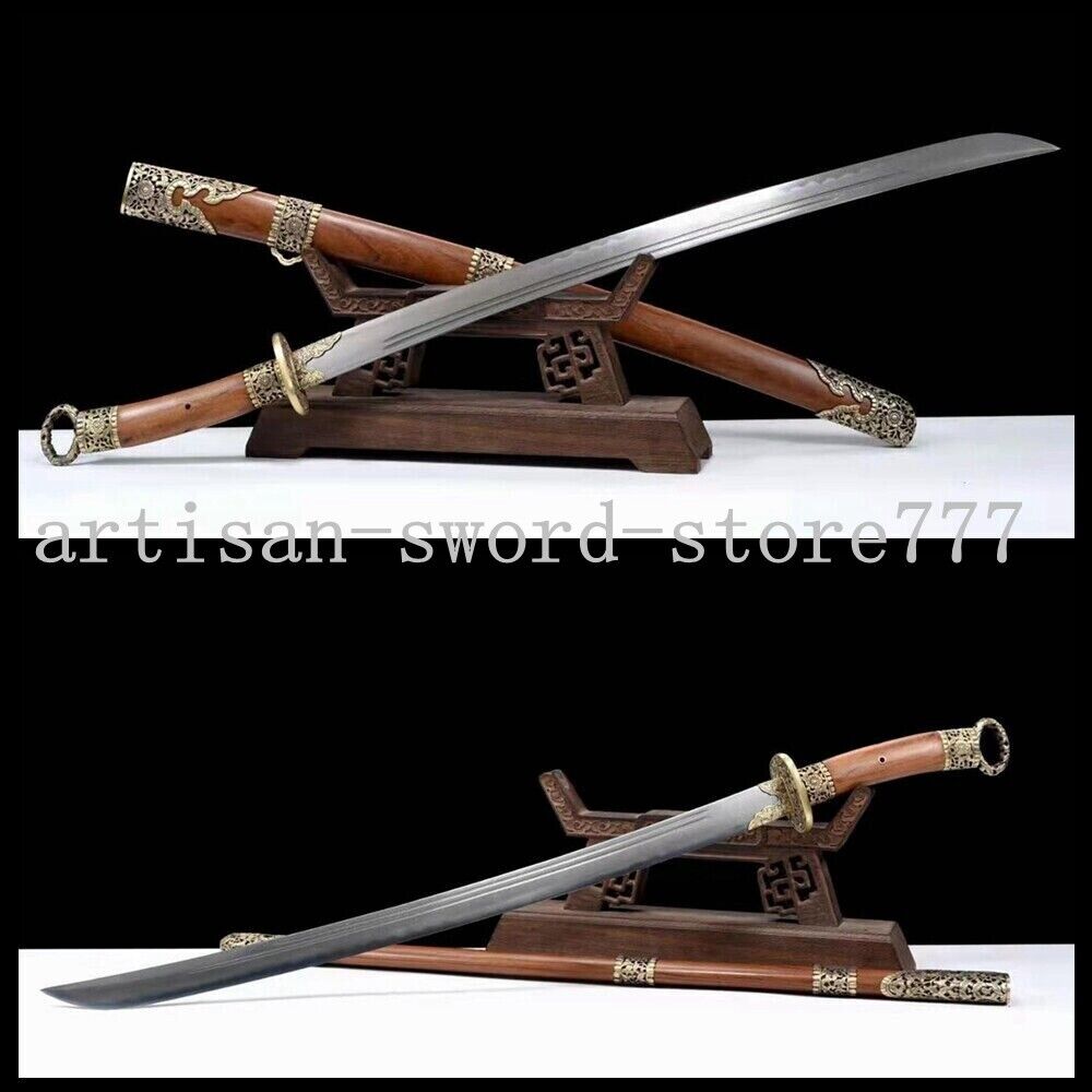 Chinese Qing Dynasty DAO 环首 Handmade damascus steel  Rosewood handle scabbard