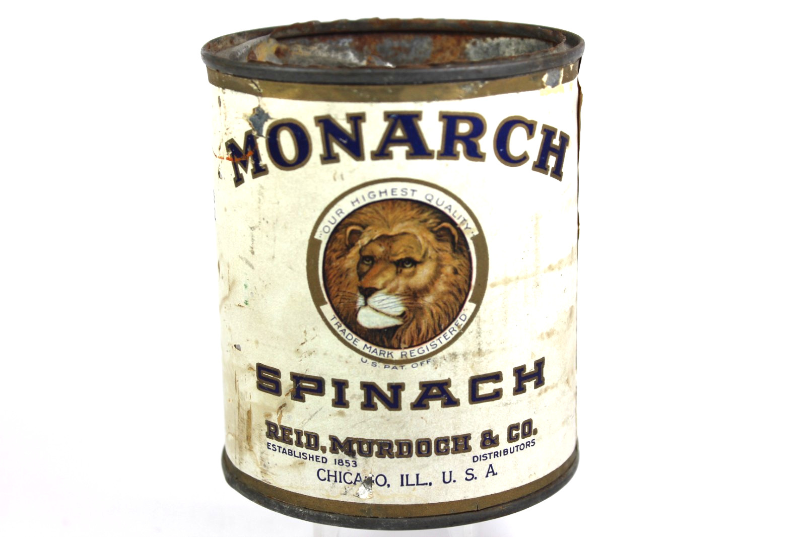 Antique Monarch SPINACH Tin- Lion Head-Paper Label -Advertising Antique Monarch SPINACH Tin- Lion Head-Paper Label -Advertising