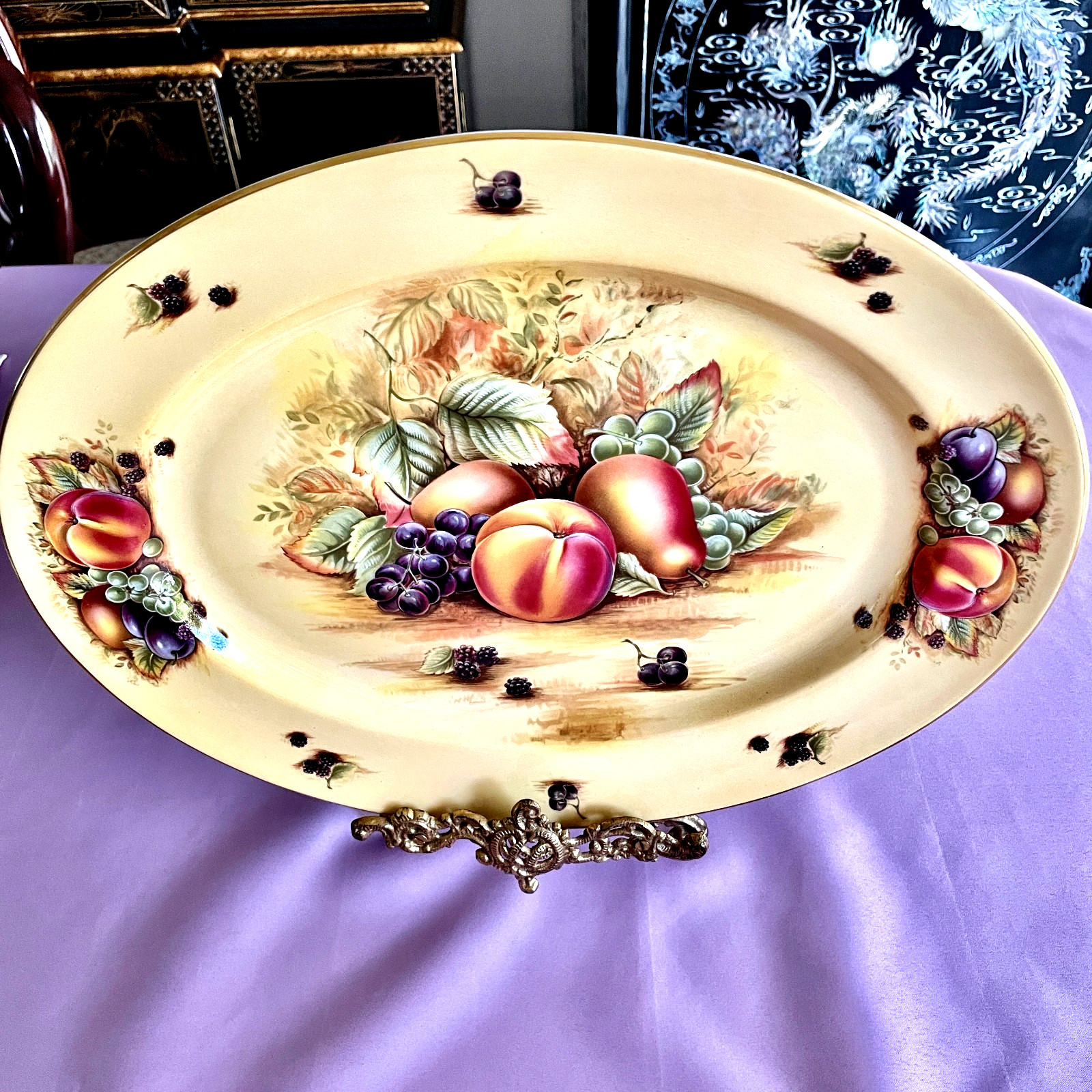 PRISTINE VINTAGE AYNSLEY ORCHARD GOLD LARGE OVAL PLATTER SIGNED UNUSED C 1990\'S 