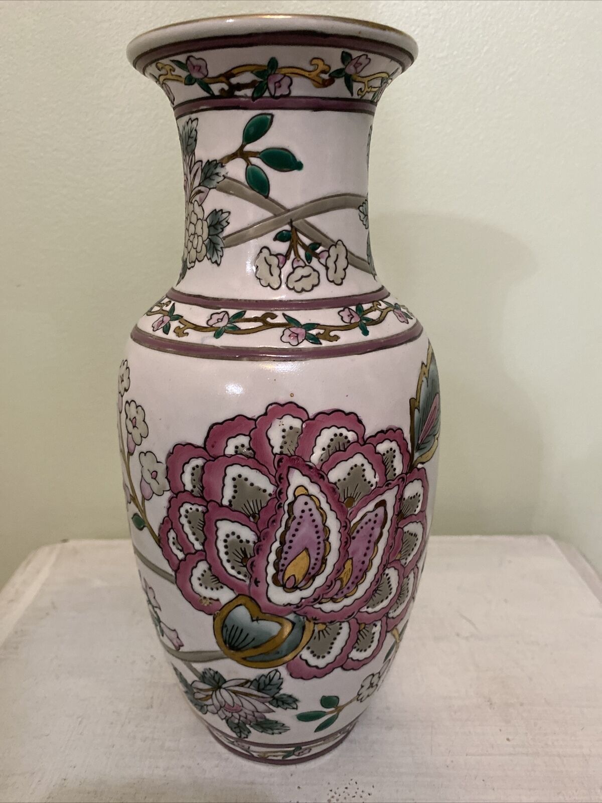 Pink-Mauve Floral with Gold Foil Inlay Chinese Porcelain Vase 10 1/2”