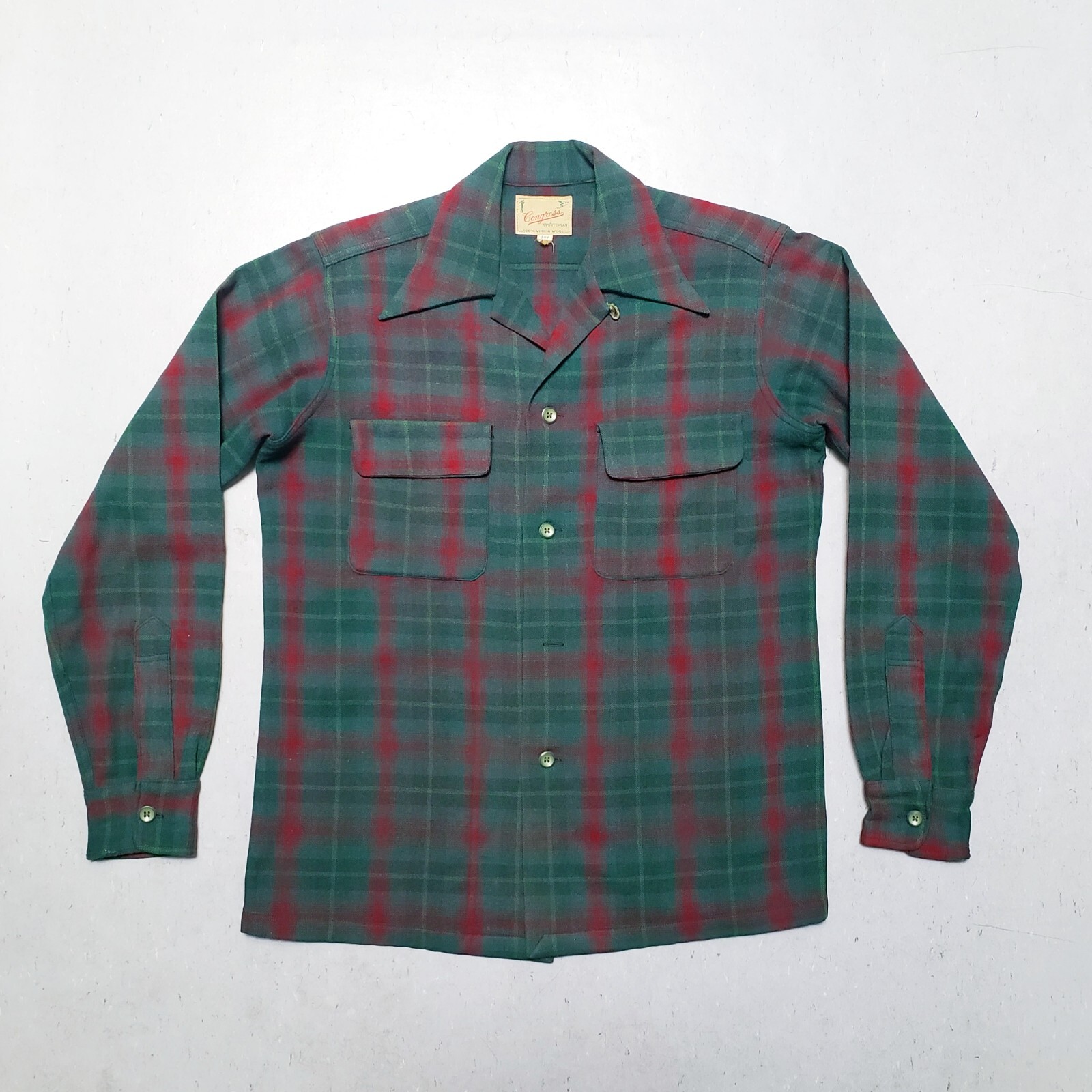 Vtg 30s 40s Wool Shirt CONGRESS Loop Collar Shadow Plaid Rockabilly M DEADSTOCK