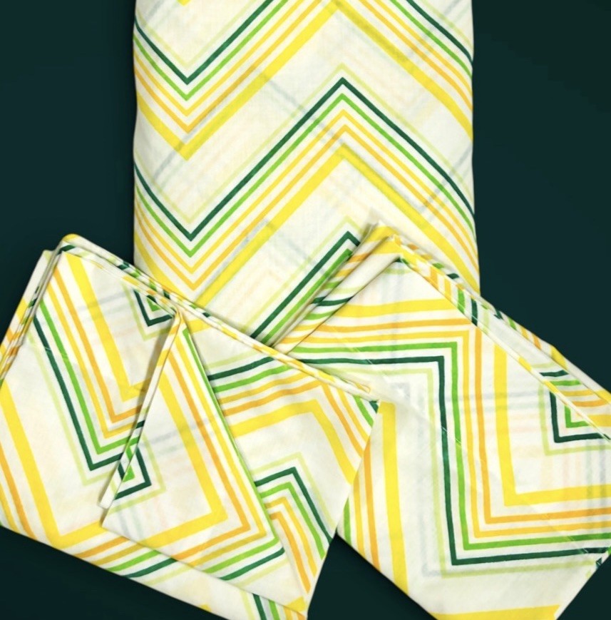 Vintage Cannon Twin Fitted Muslin Sheet 2 Pillowcase Yellow Green Chevron Stripe