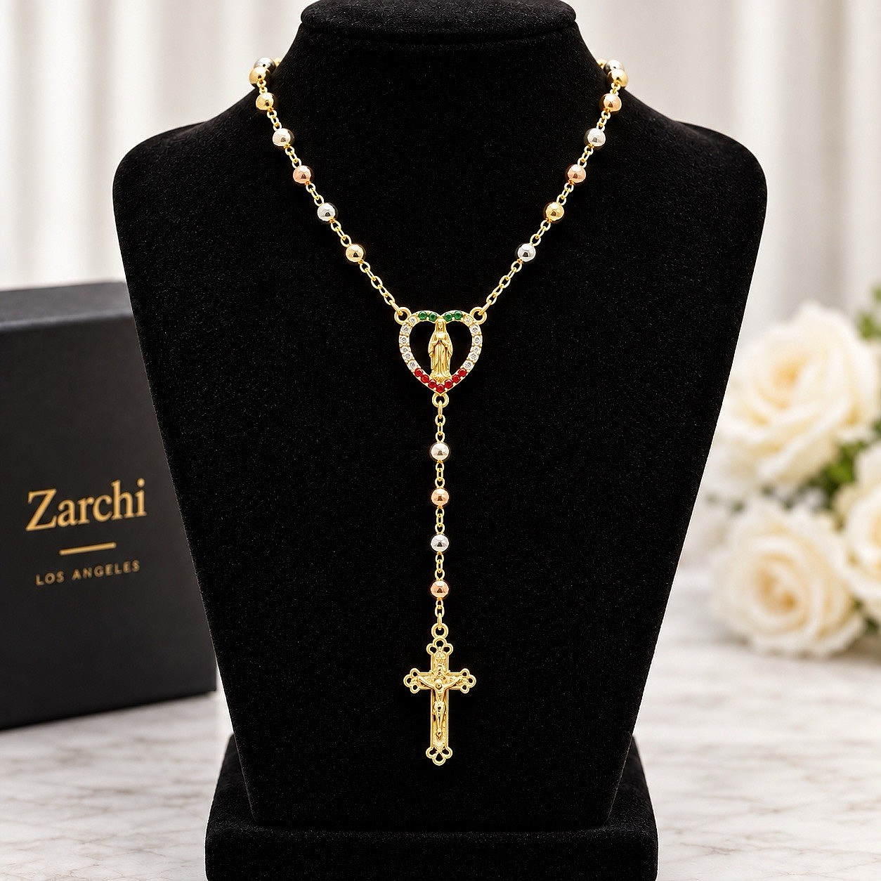 Rosary Necklace 14K Gold Plated 3 color Beaded Guadalupe & Jesus Cross