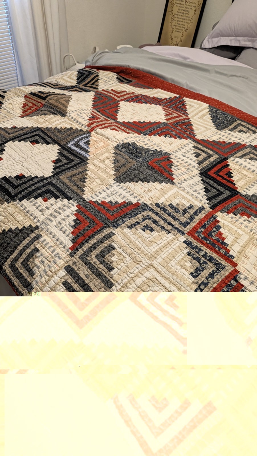 Vintage Handmade Cotton Log Cabin Quilt - Barn Raising Pattern
