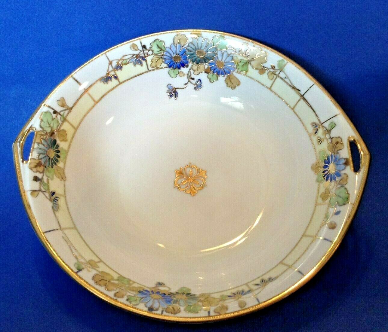 Nippon Noritake - Handled Bowl - Blue Daisies With Gold Beaded Accents - Japan