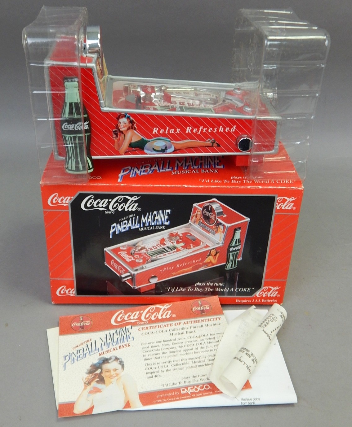 NIB Coca Cola Coke Pinball Machine Musical Coin Bank 1998