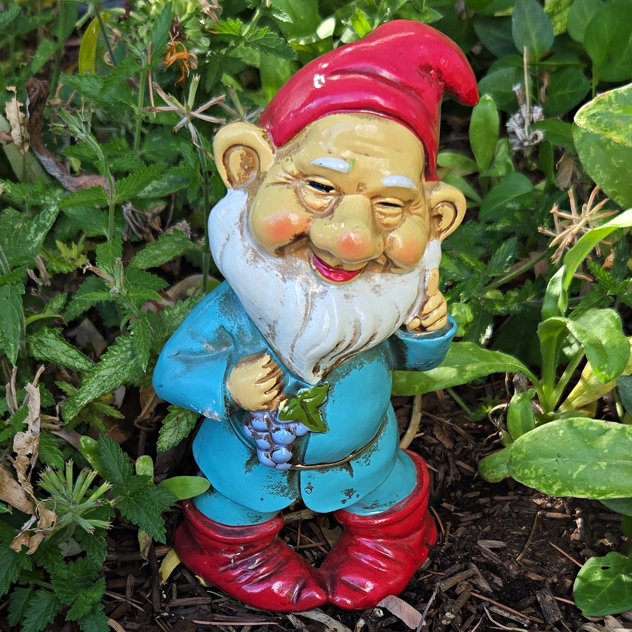 Vintage Japan Fantasy Garden Gnome Figurine Red Hat Blue Coat Holding Grapes
