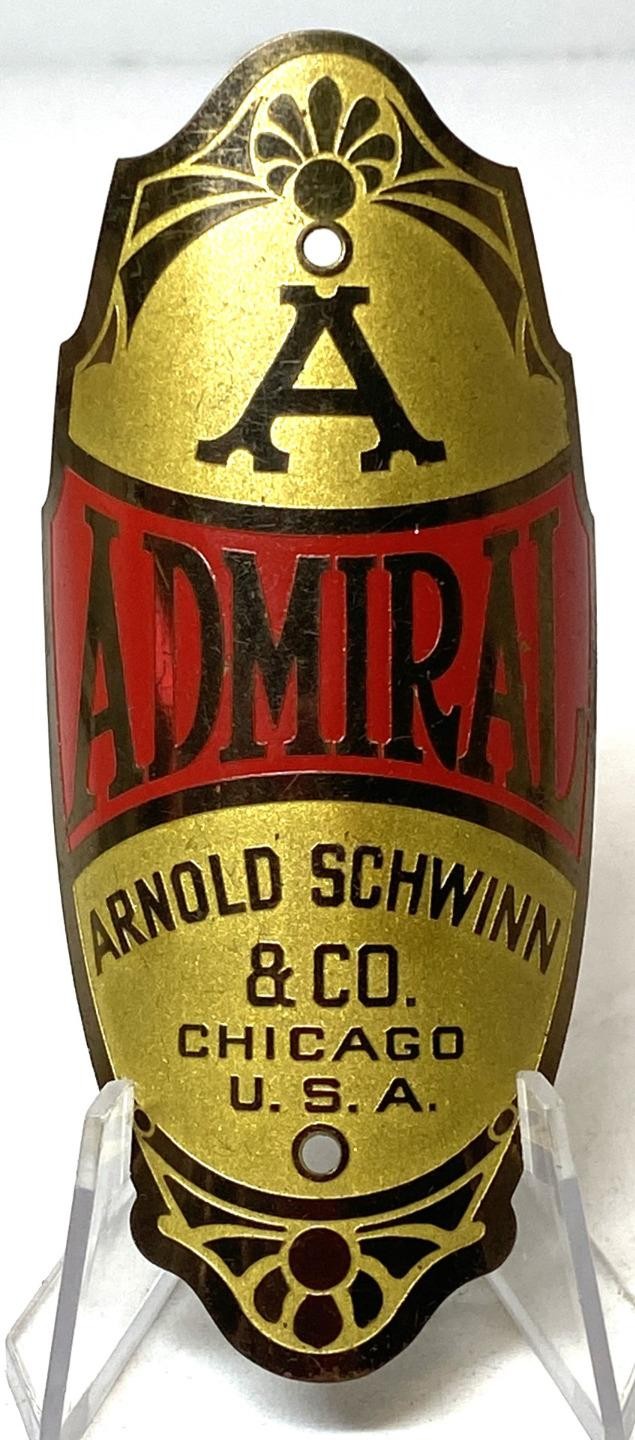 NEW OLD STOCK vintage Schwinn ADMIRAL bicycle Head Badge FOOTED version