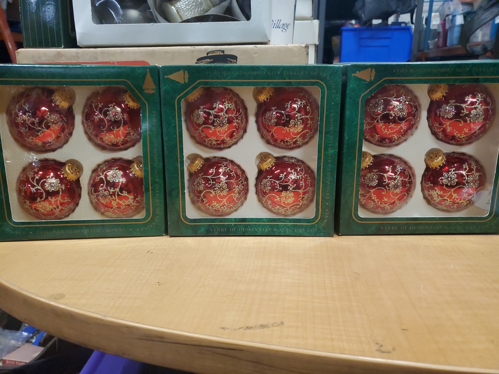 Krebs Christmas Ornaments Glitter Floral 4 Unused New in Box Red Shiny Vintage