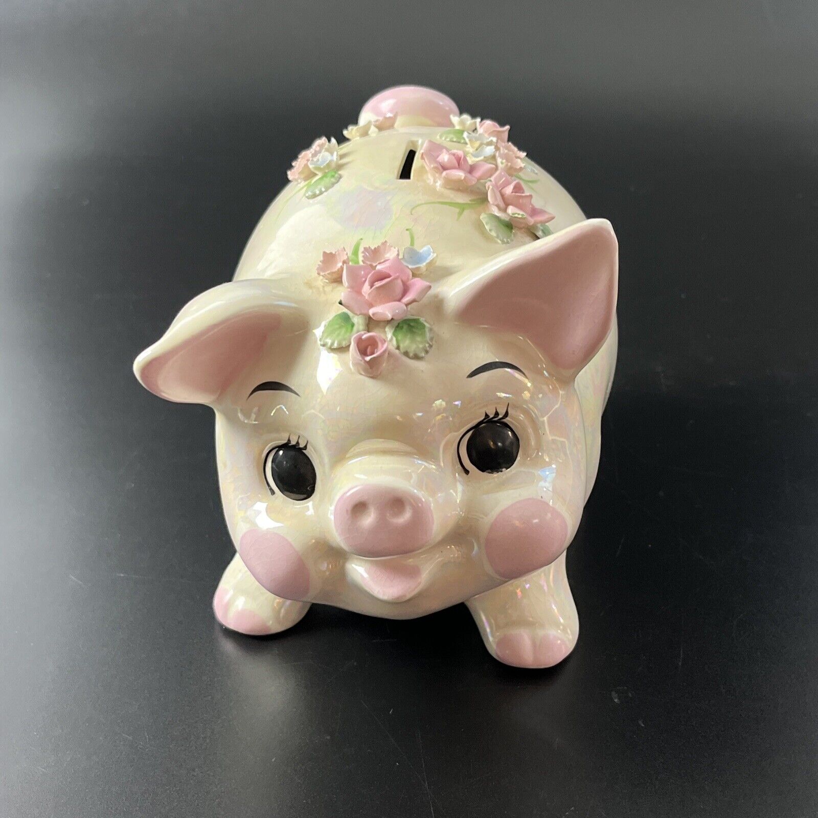 Vintage Lefton Piggy Bank Japan Floral Lusterware Anthropomorphic Hand-Painted