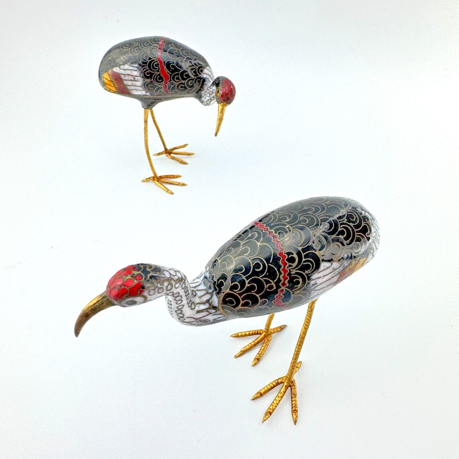 Vintage Cloisonné Crane Figurines Black w/ Gold White Red Yellow - Set Of Two