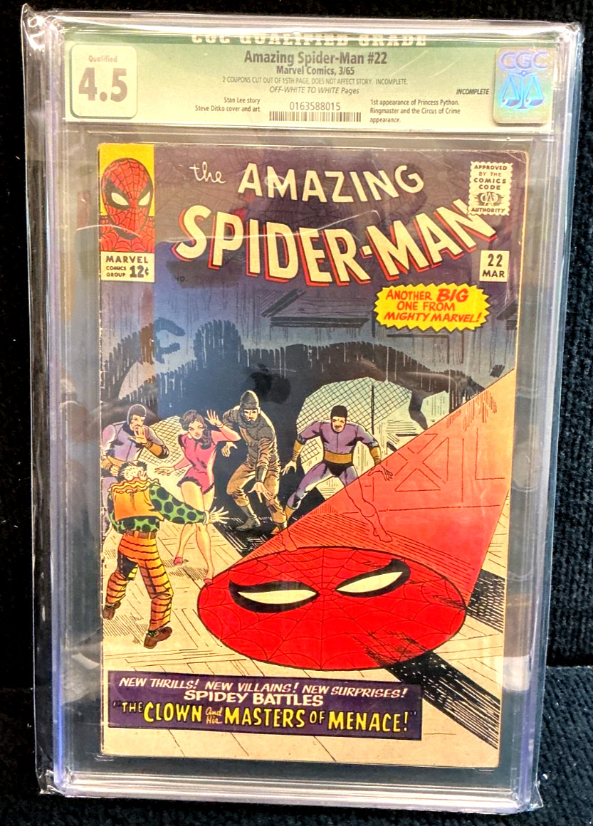 1965 MARVEL #22 AMAZING SPIDERMAN - CLOWN & HIS MASTERS OF MENACE - CGC 4.5