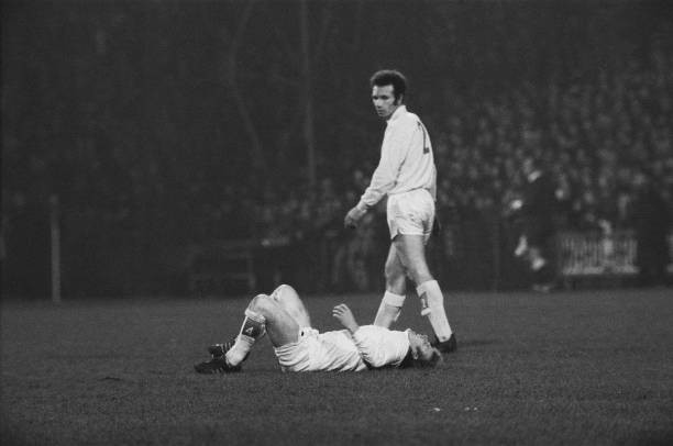 Leeds midfielder Billy Bremner the deck after a challenge 13th Jan- Old Photo