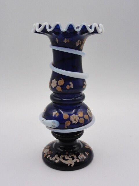 Antique Blue Applied Double Snake Art Glass Vase Harrach / Josephinenhütte