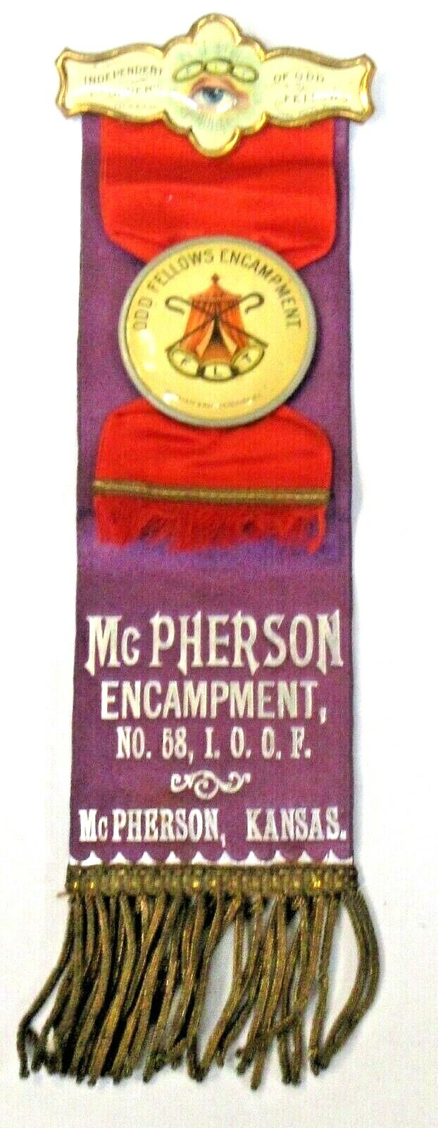 IOOF Odd Fellows McPHERSON LODGE #376 ENCAMPMENT KANSAS pinback badge medal ^