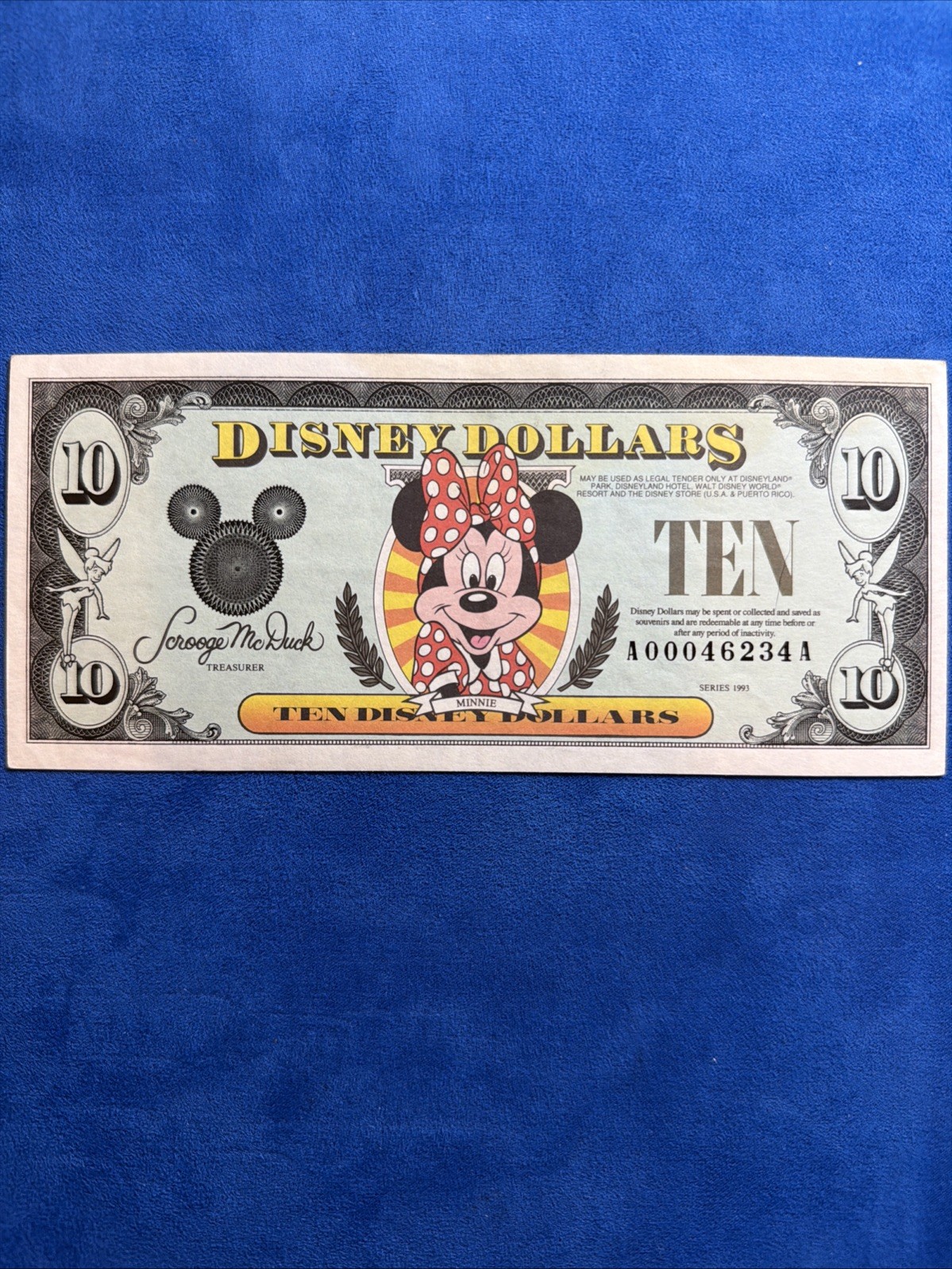 1993 $10 Disney Dollar Minnie Disneyland A-A Block Low Serial A00046234