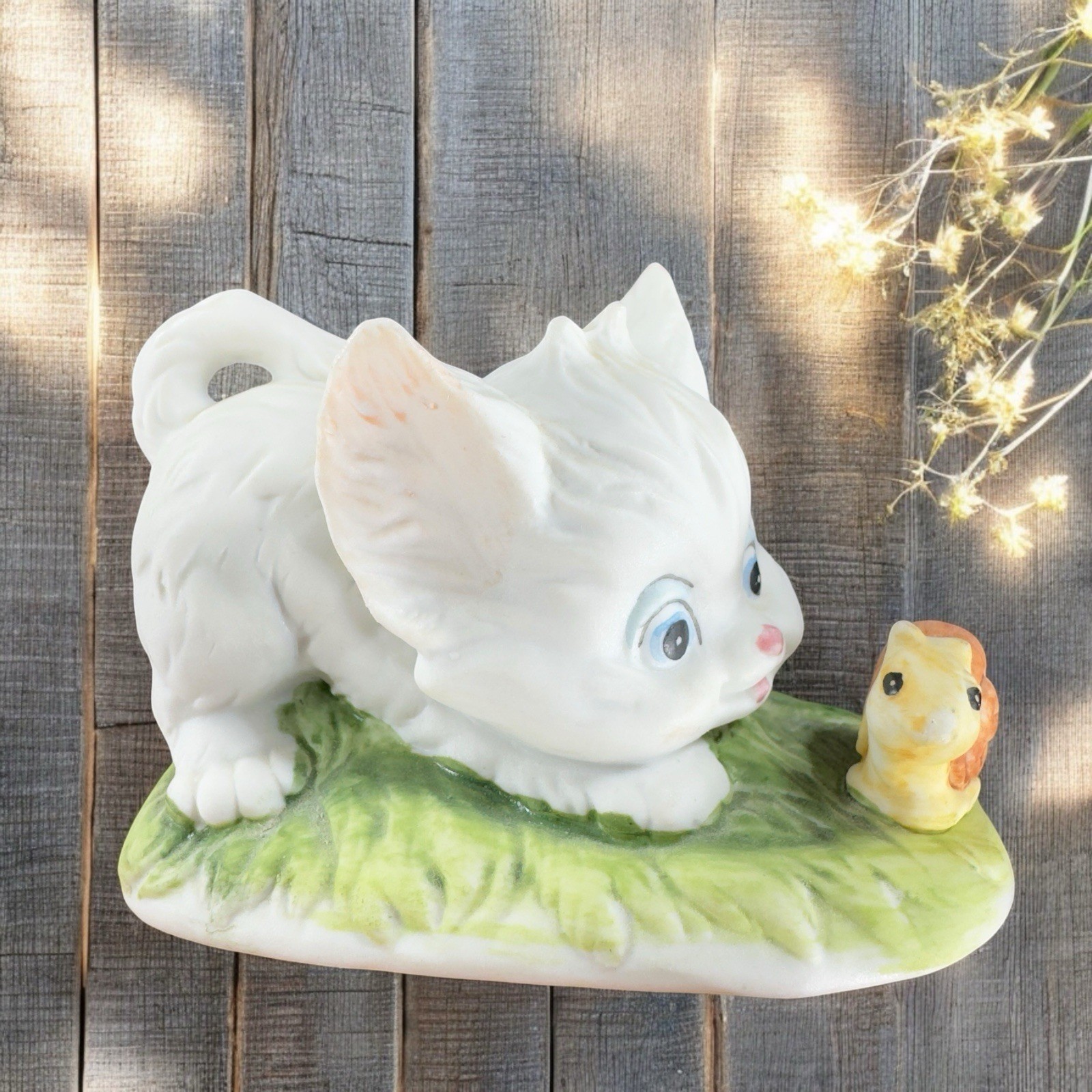 Vintage Lefton China White Kitten And Snail Ceramic Whimsical Figurine Decor VTG