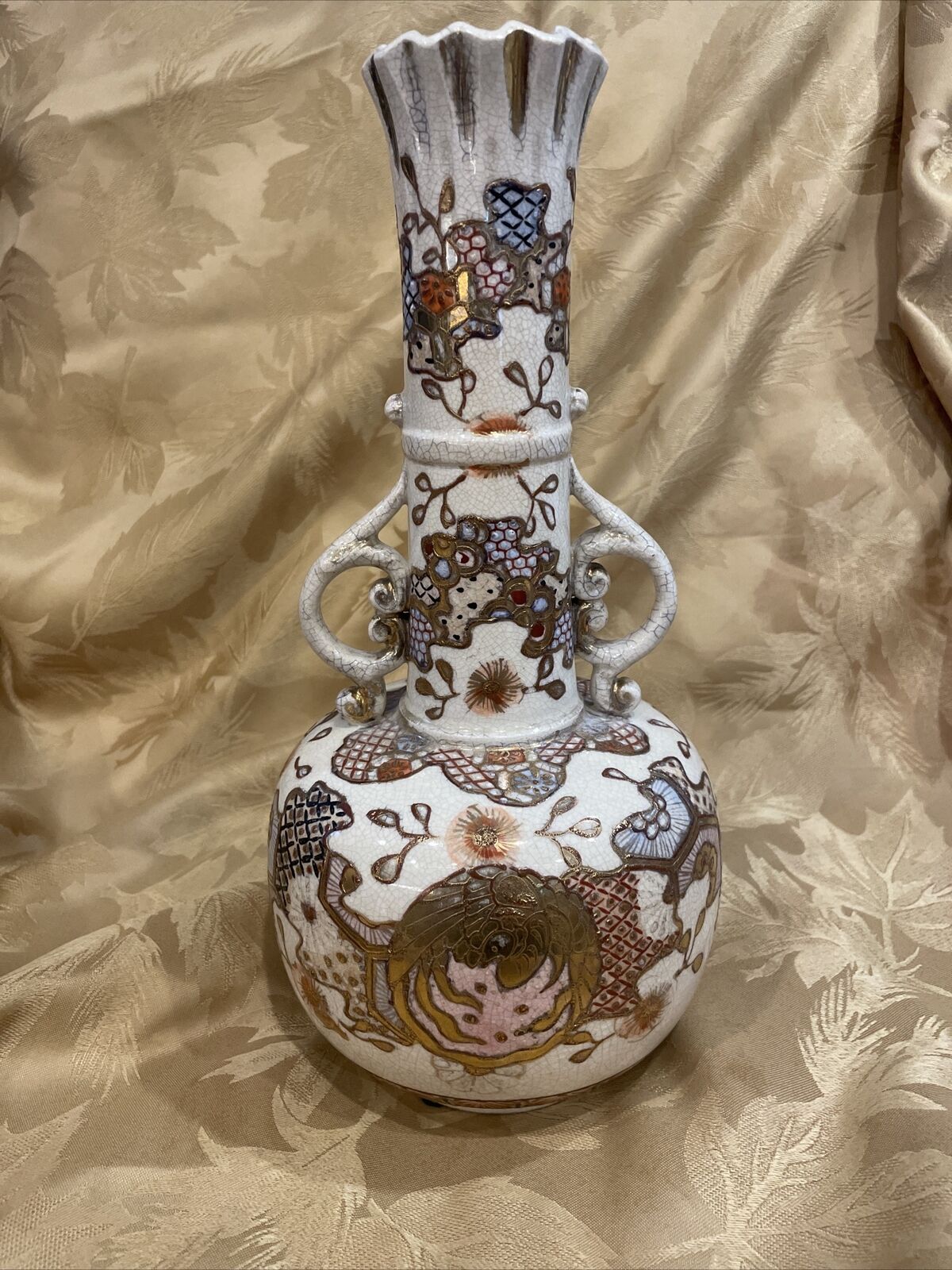 1880 or Older Japanese Satsuma Vase Gold Hand Paint Décor- 12.5” High