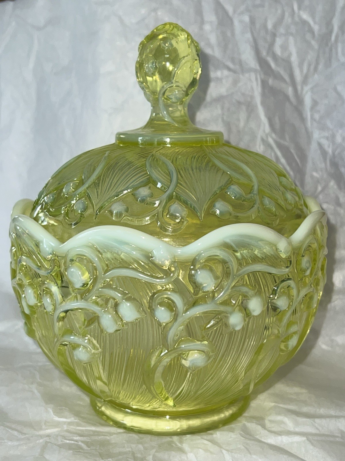 Fenton Lily Of The Valley Candy Box w Lid Topaz Opalescent Glass Vaseline