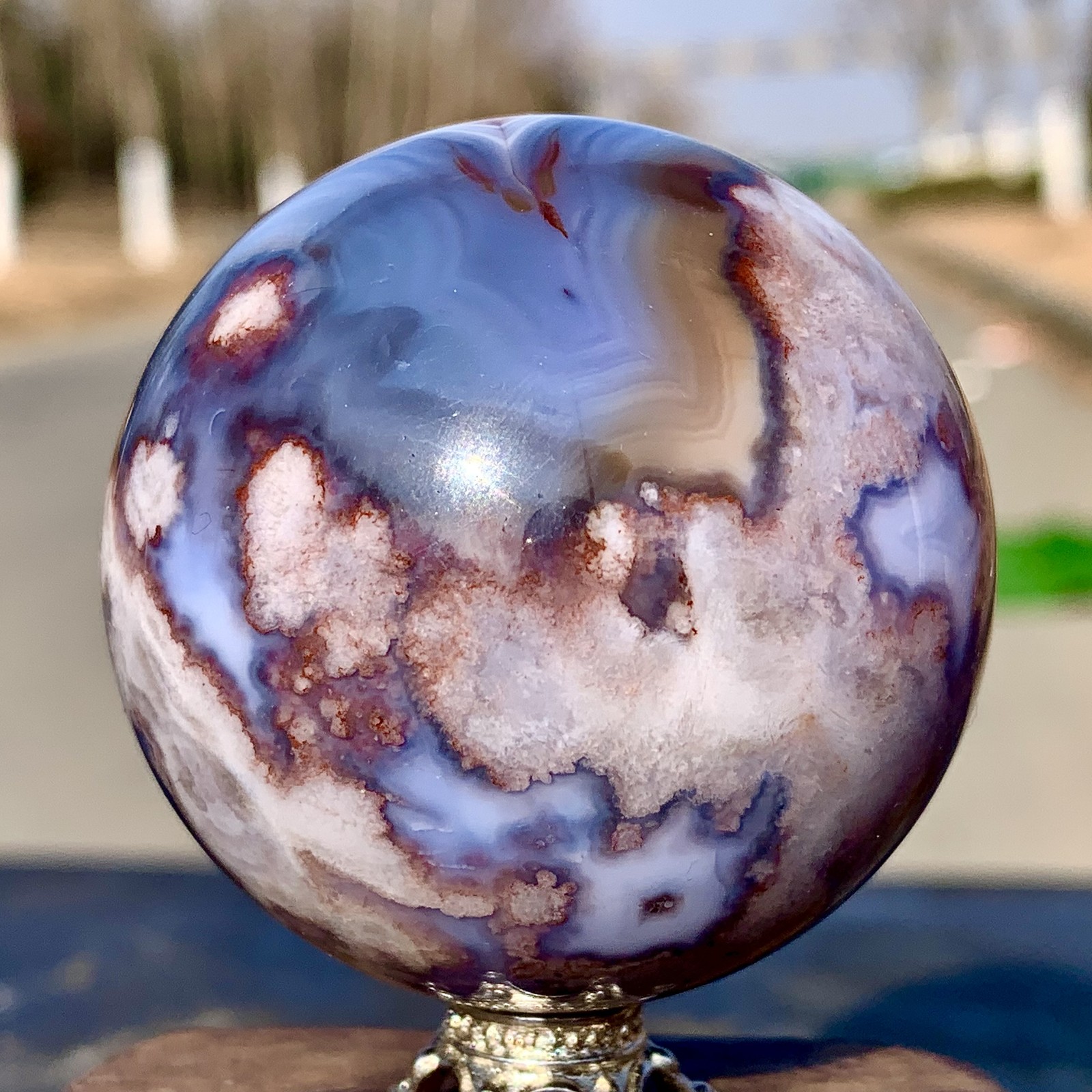 166G Natural Blue Cherry Blossoms agate Crystal Sphere Quartz Mineral Specimen