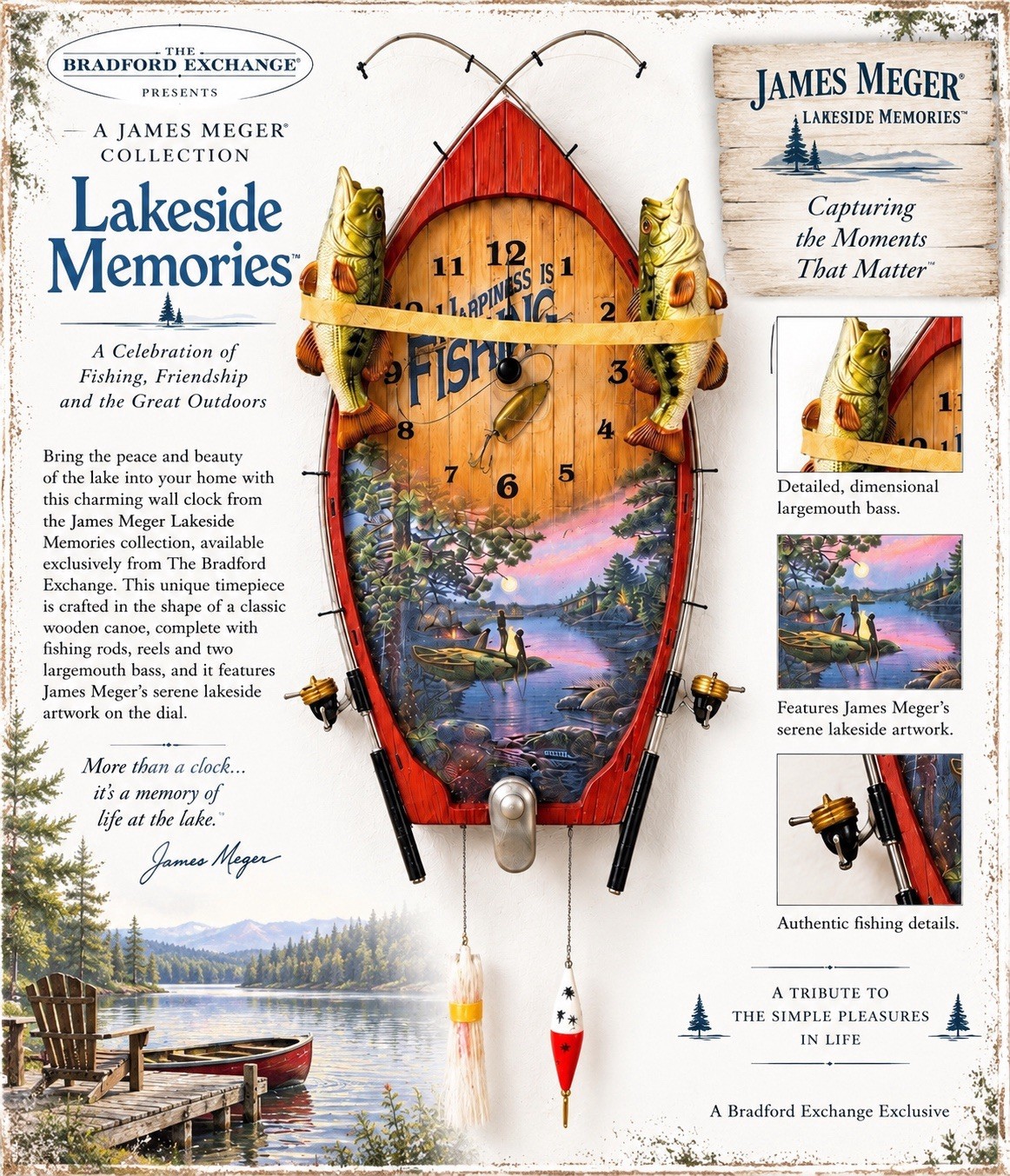 Bradford Exchange James Meger Lakeside Memories Sculpted Fishing Art Wall Clock