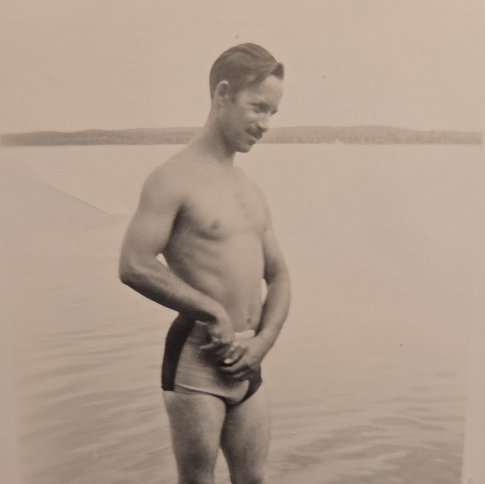 Vintage Snapshot Photo B&W Man Standing in Water Swimsuit Beach Beefcake