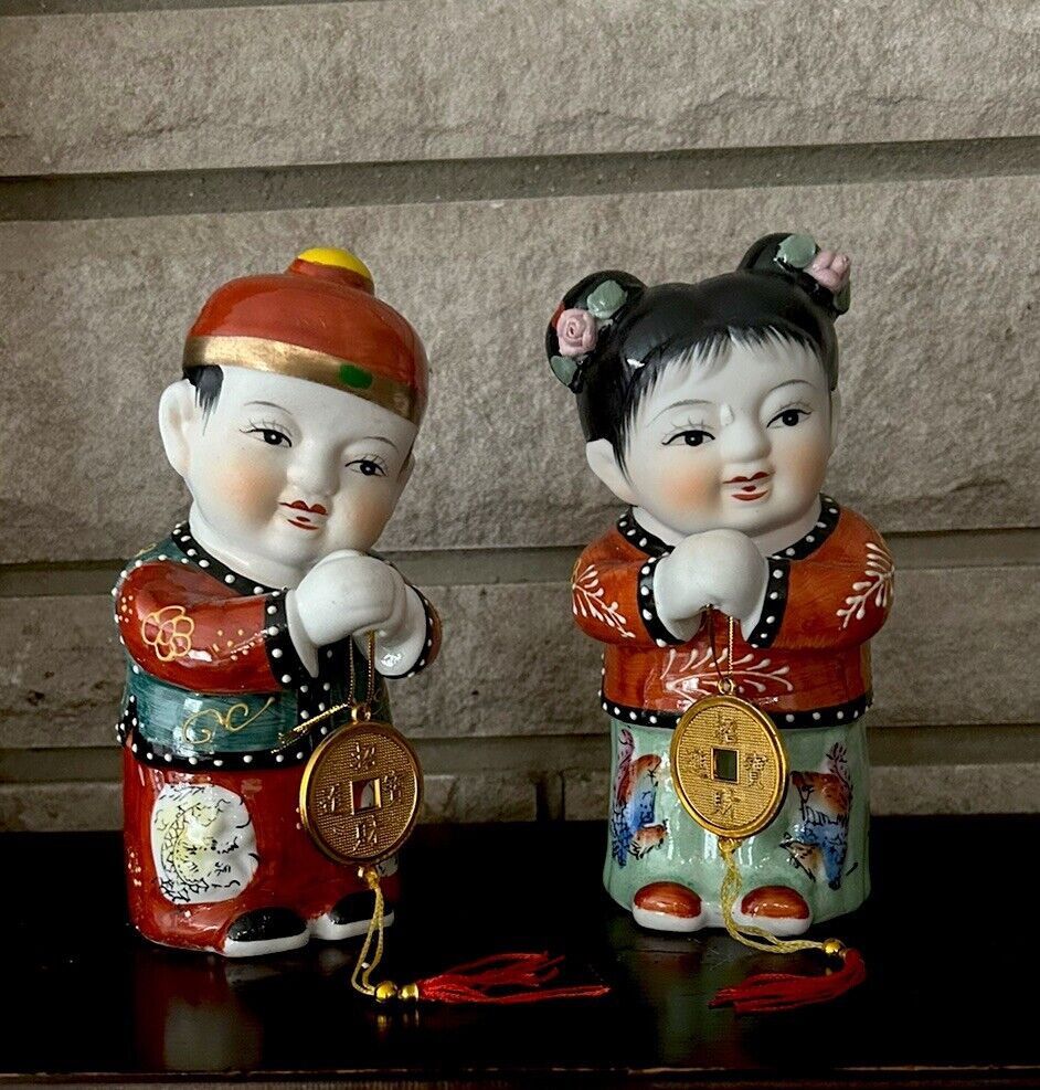VINTAGE SET OF 2 CHINESE JADE GIRL GOLDEN BOY LUCKY CHILDREN MARRIAGE FIGURINES