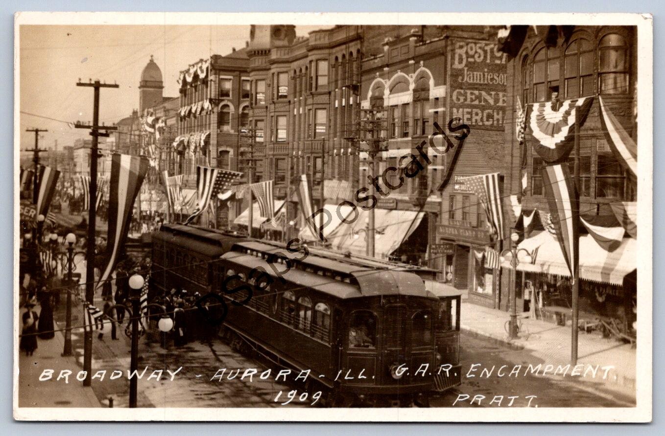 K66/ Aurora Illinois RPPC Postcard c1910 CA&E Interurban Trolley Patriotic 316
