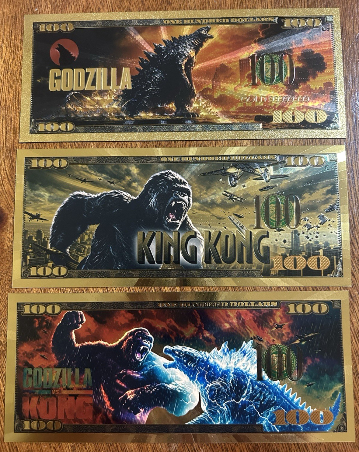 Godzilla Vs King Kong 3 PC SET 24k Gold Foil Plated Novelty Bills Collectibles