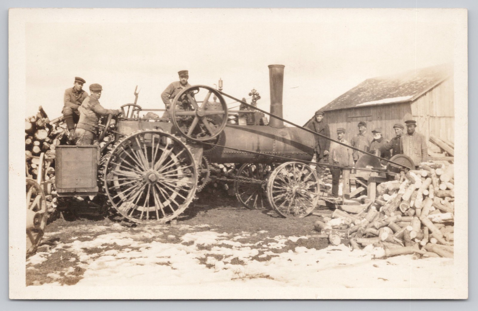 Steam Tractor Logging Crew Working Sawmill Operation Farm RPPC Photo Postcard