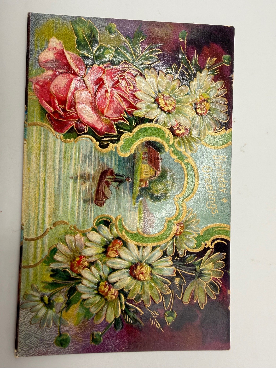Antique Happy Easter Postcard German Embossed Floral Daisies Roses 1900s