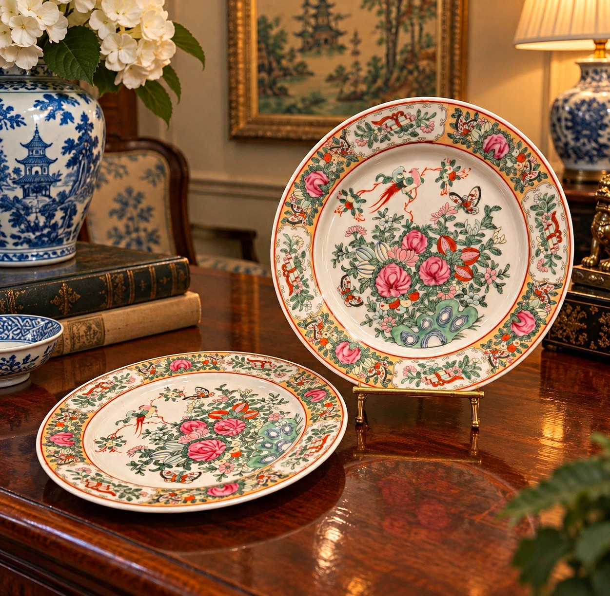 Pair 10” Chinese Famille Rose Porcelain Decorative Plates Chinoiserie Floral