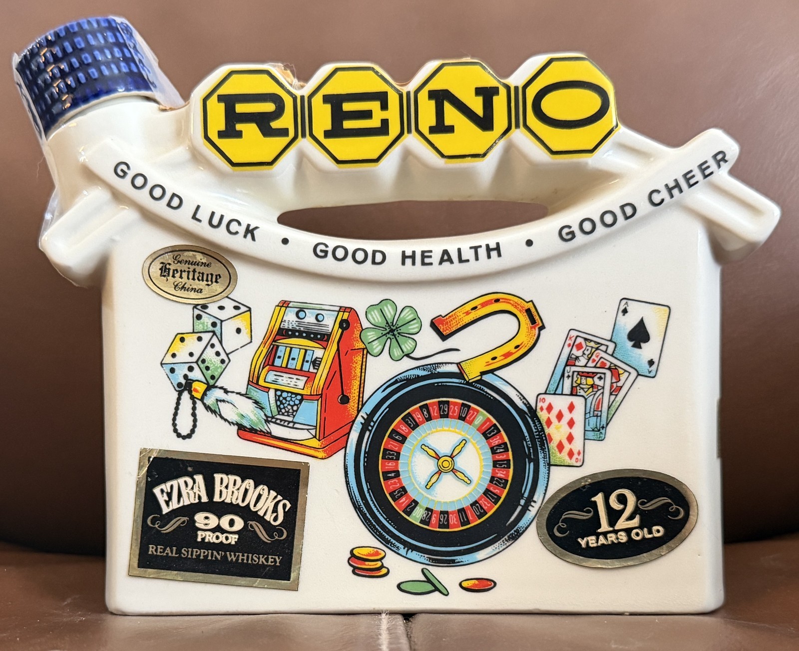 VINTAGE 1968 EZRA BROOKS RENO, NV GOOD LUCK, HEALTH & CHEER DECANTER