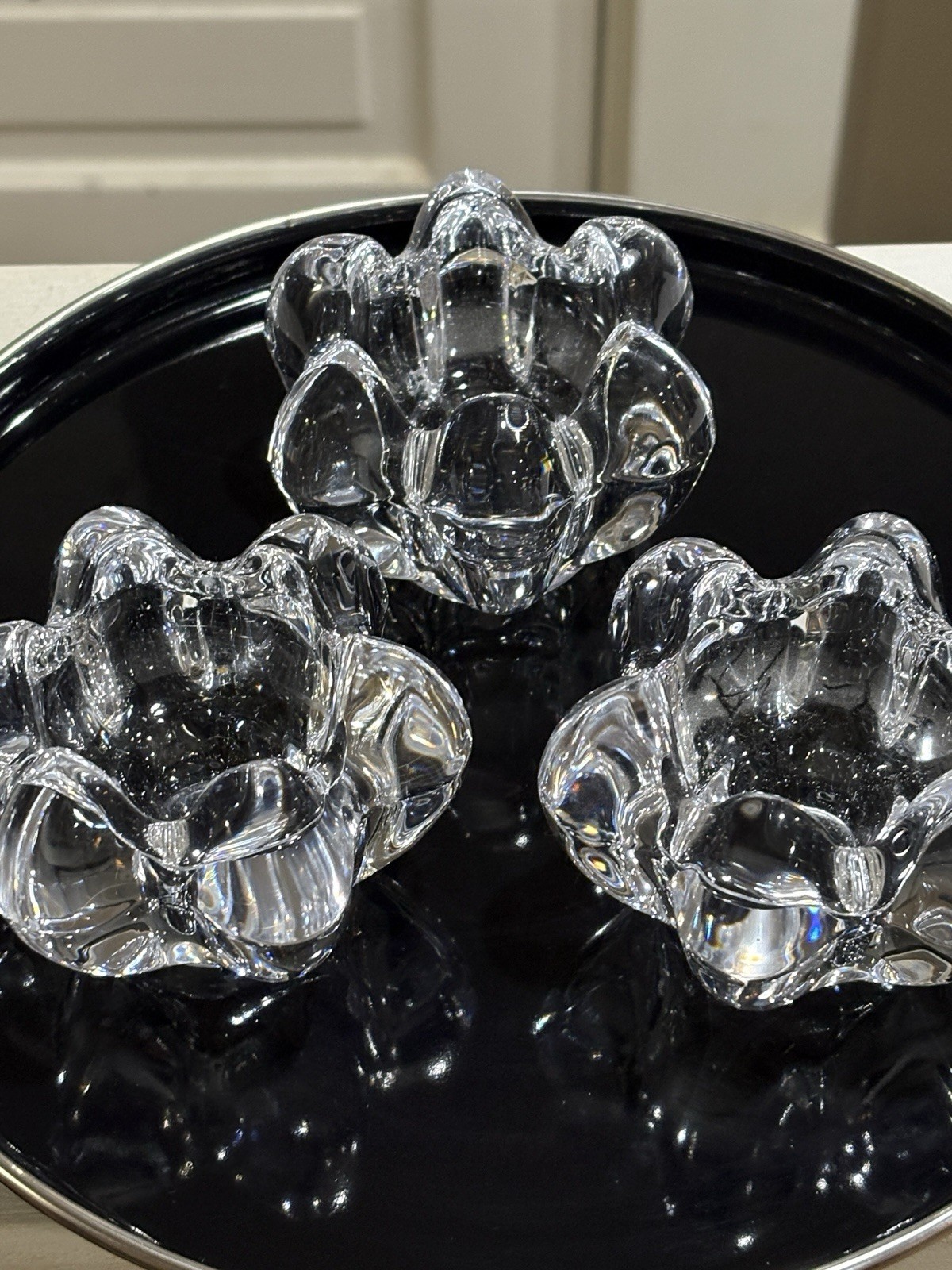 Set of three VTG French crystal candle holders by Art Verrier, made in France.