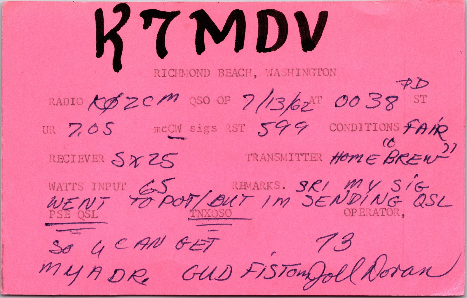 1962 K7MDV Richmond Beach Washington Ham Radio Amateur QSL Card Postcard Vtg