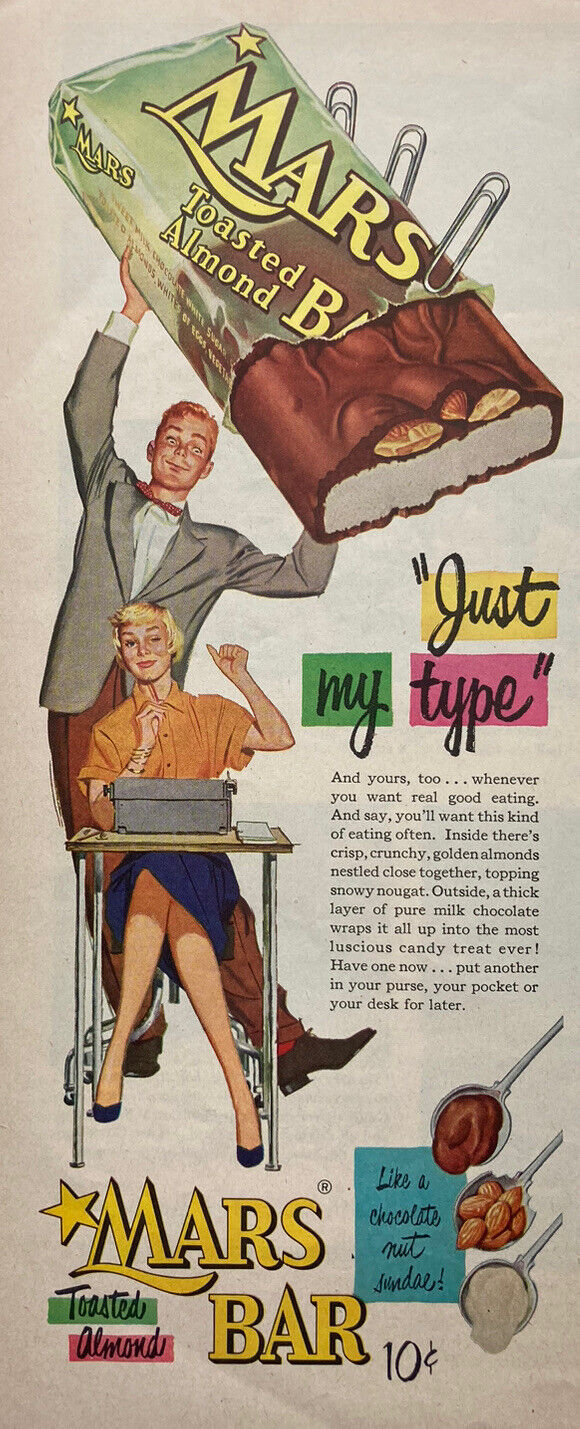 c1953 Print Ad Mars Bar Just My Type Like A Chocolate Nut Sundae 5.5x13\