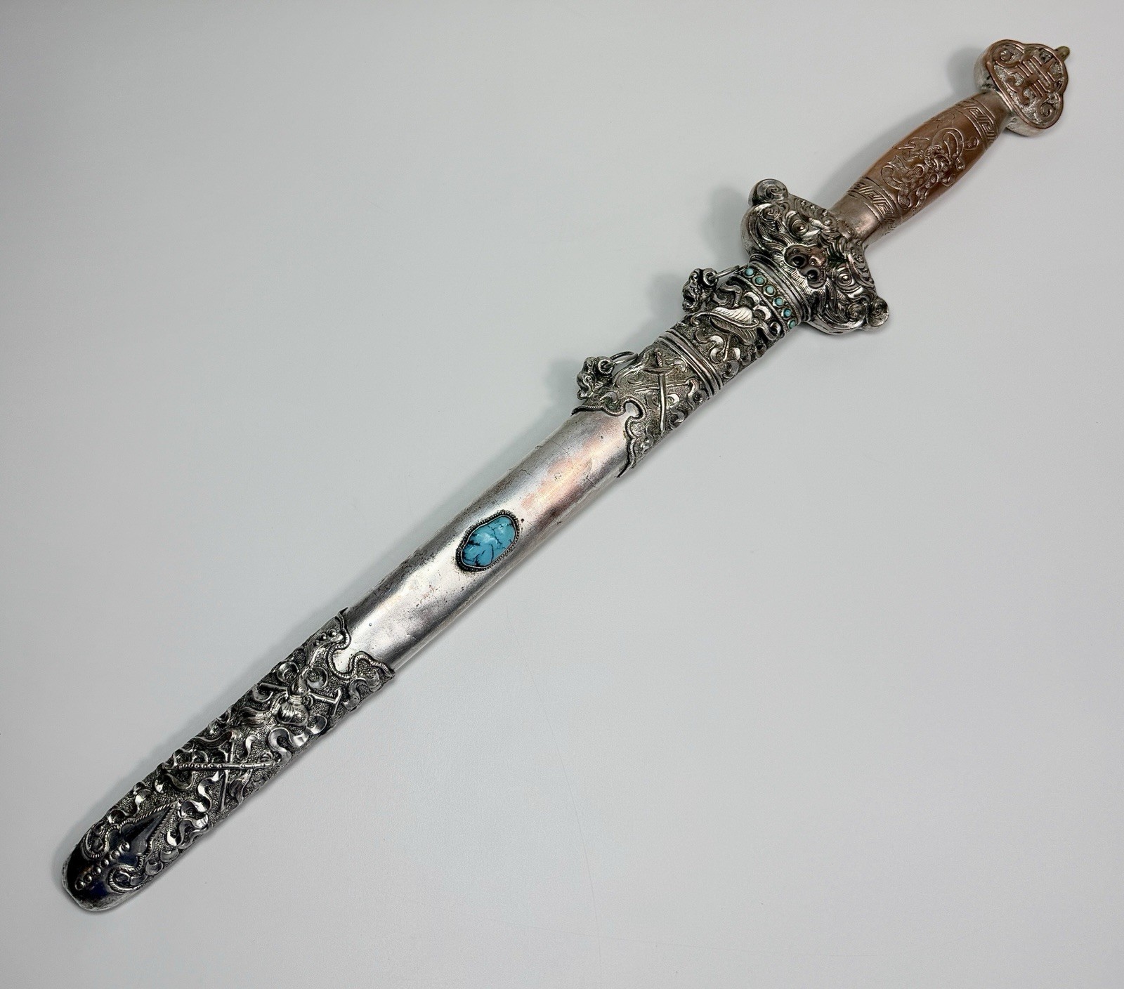 Antique Chinese Tibetan Ceremonial Dragon Sword Hand Chiseled Turquoise 22in