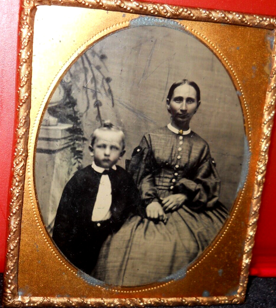 1/6th size Tintype of mom and child in brass mat/frame