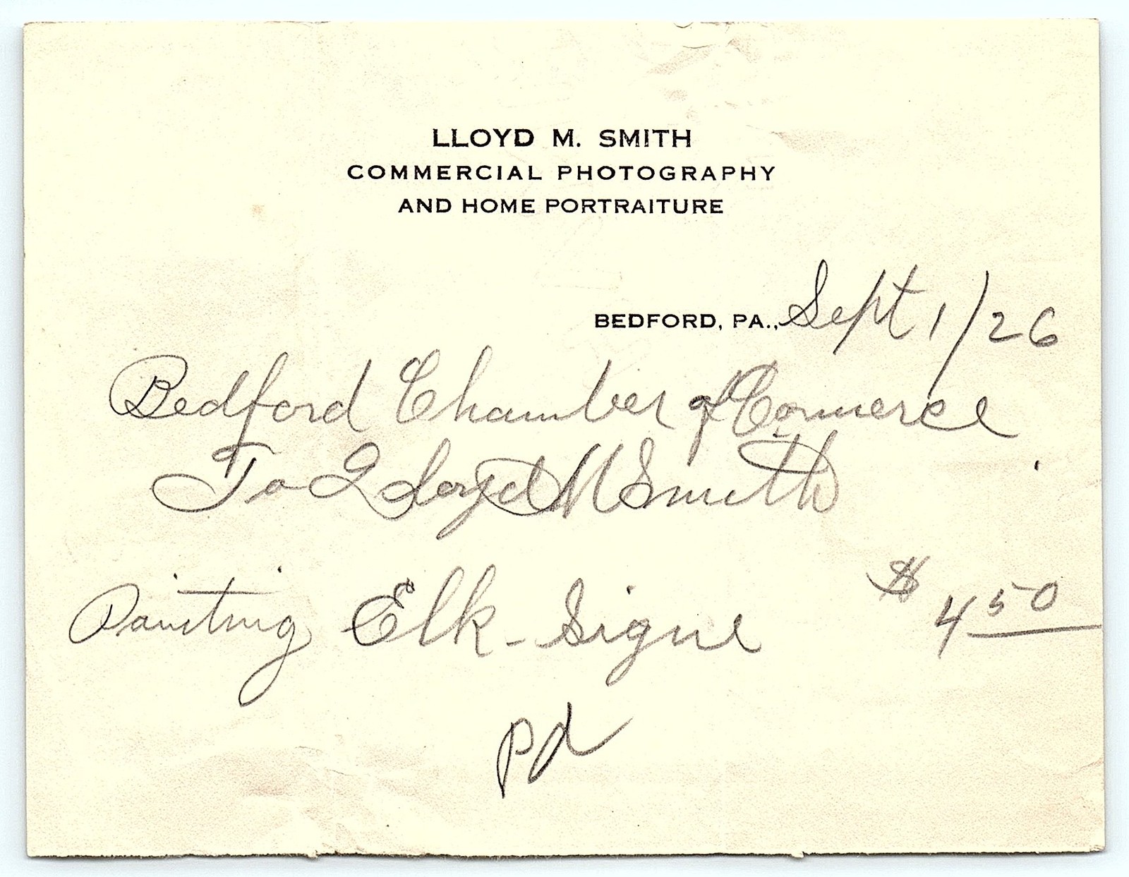 1926 Lloyd M. Smith Photo Bedford PA bill for Elk-Signe