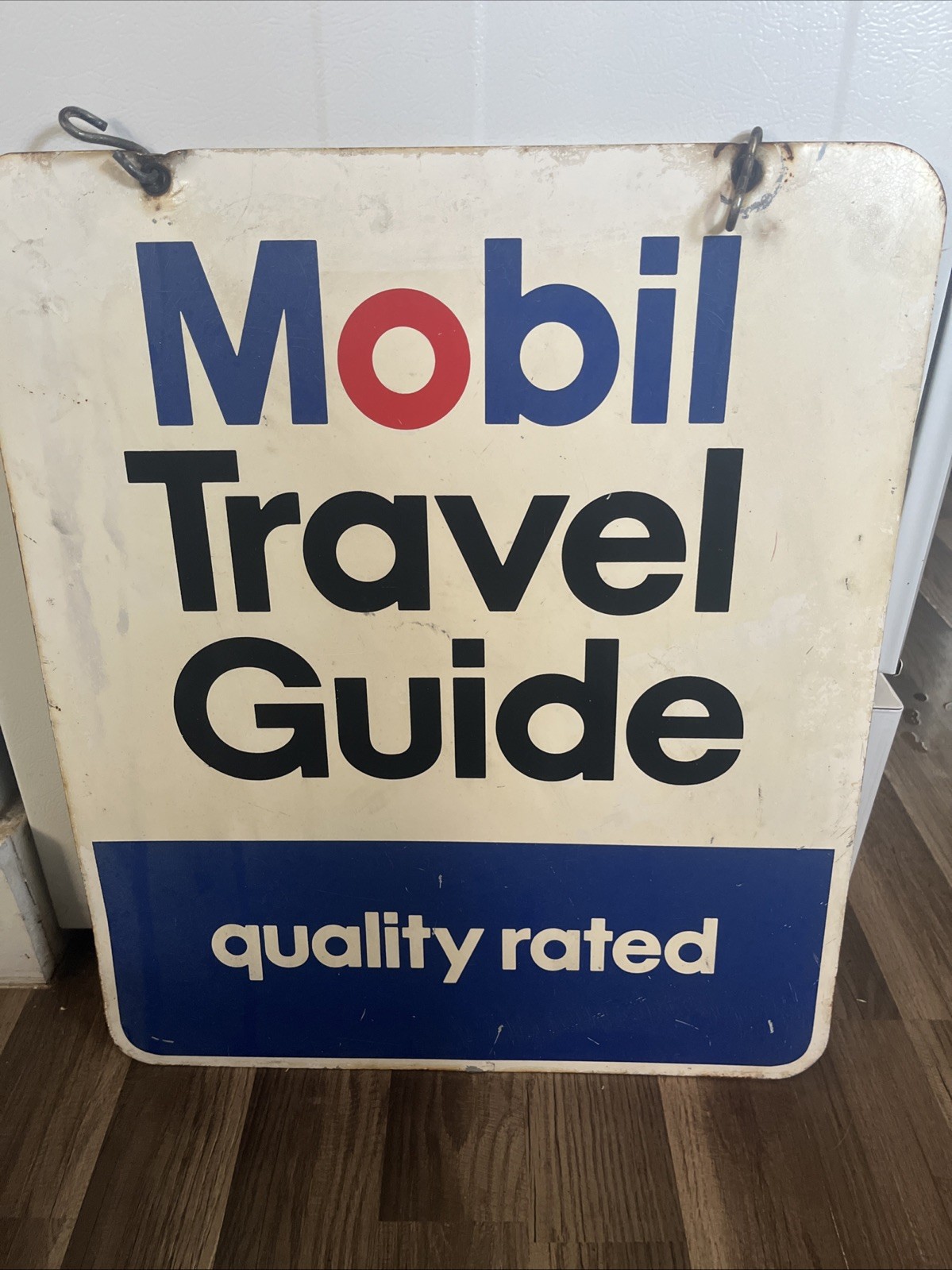 MOBIL TRAVEL GUIDE Old Sign Quality Rated 2x Sided Gas Station Shop Advertising