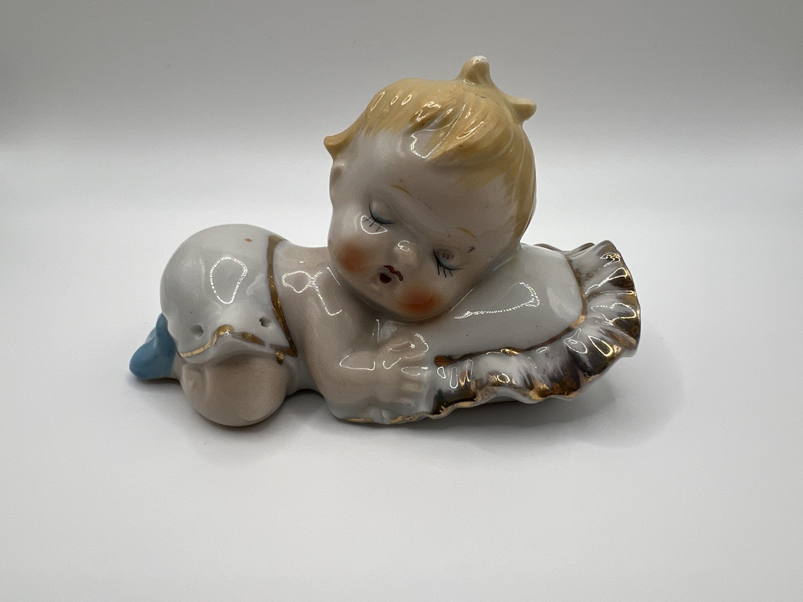 Vintage Sleeping Piano Baby Figurine - With Cherub Face - Japan -