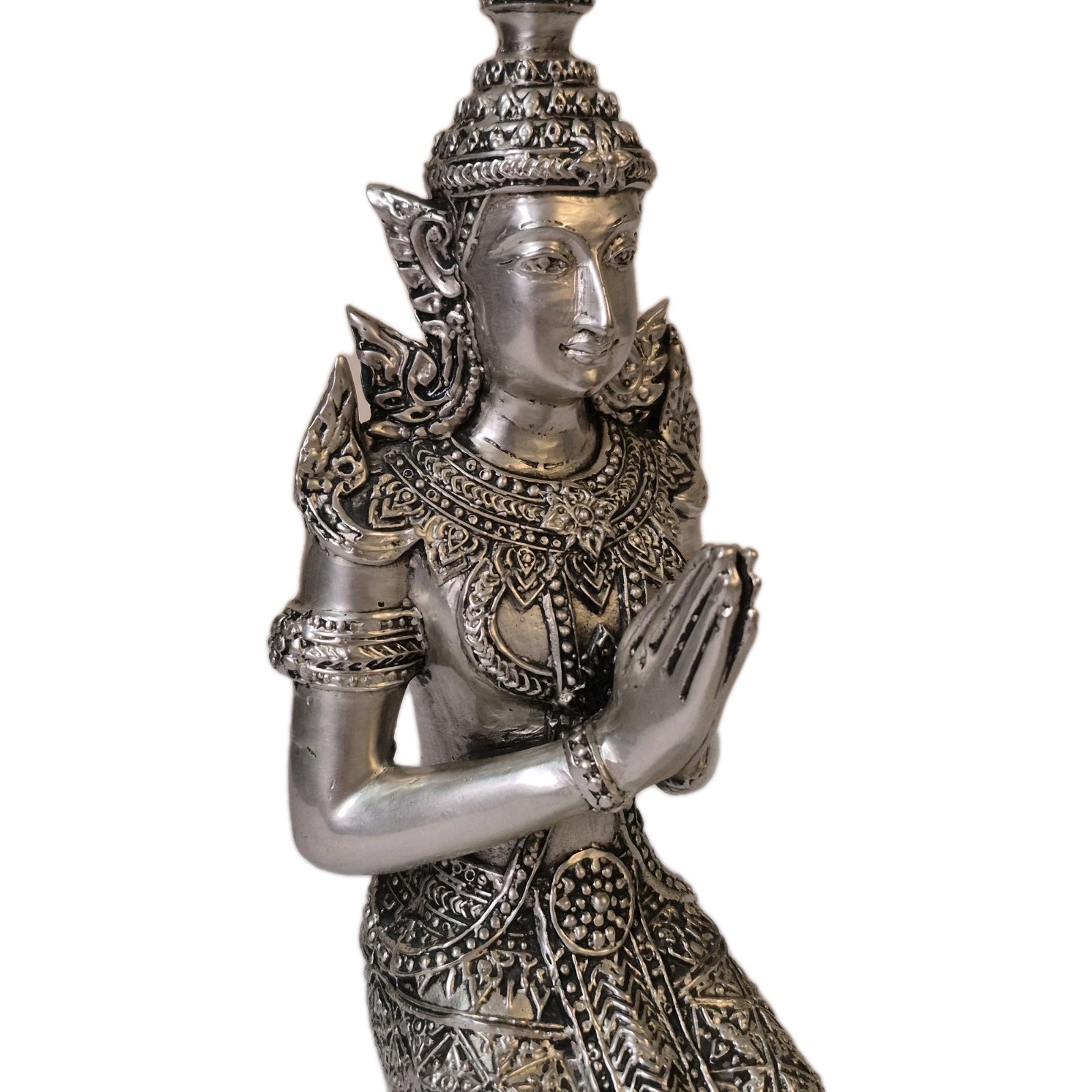 Buddha Statue Thai Idol Solid Metal Silver Tone Praying Figure. 