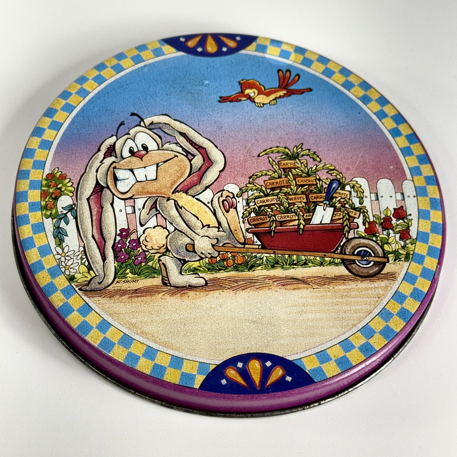 Vintage 90s Round Cookie Tin Easter Bunny Rabbit Funny Whimsical Advert 6.75x2