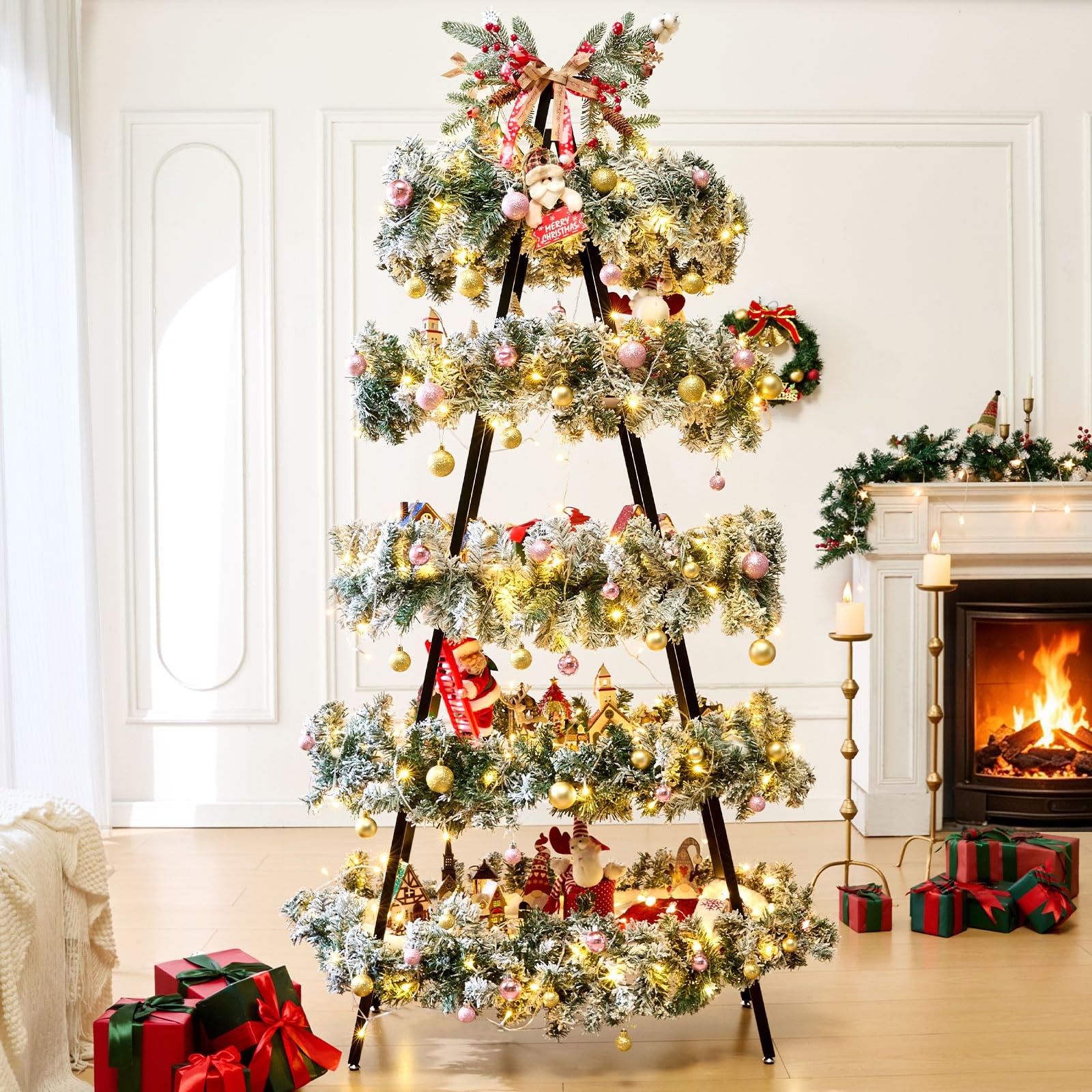 Sicrifety 5.8FT Christmas Village Display Stand, 5 Tier Xmas Tree Shelves