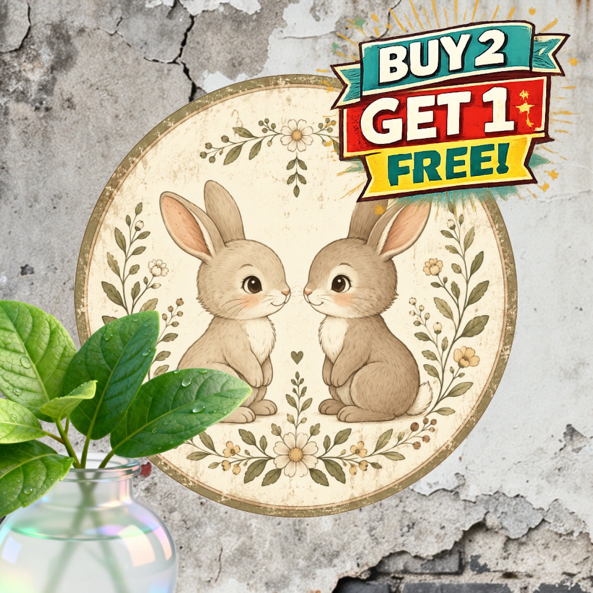 Charming Bunny Rabbit Round Tin Sign Cute Cartoon Animal Metal Art Decor 8x8