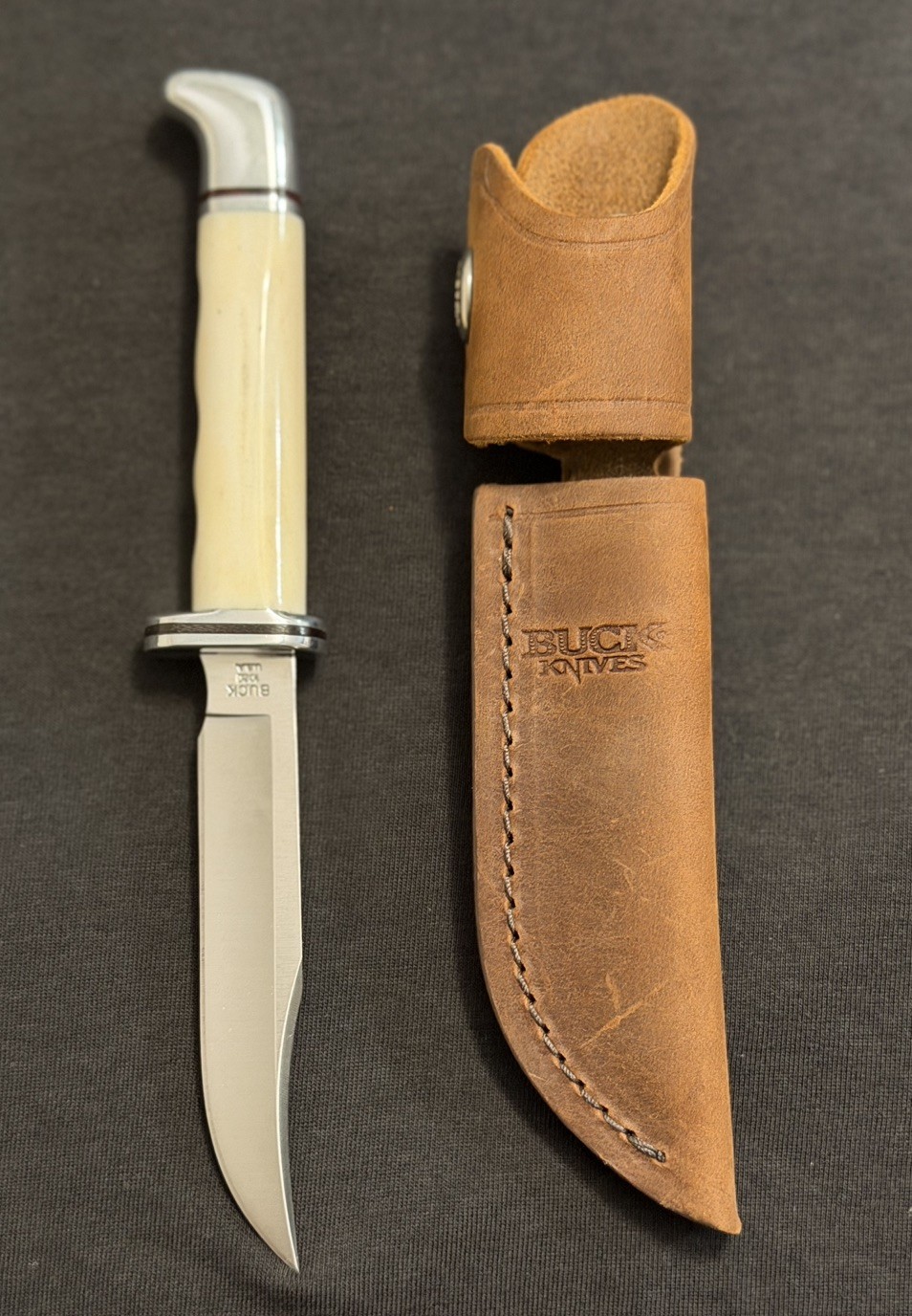 Rare Buck 102 Woodsman Limited Edition Bone Handle Fixed Knife w/ Leather Sheath