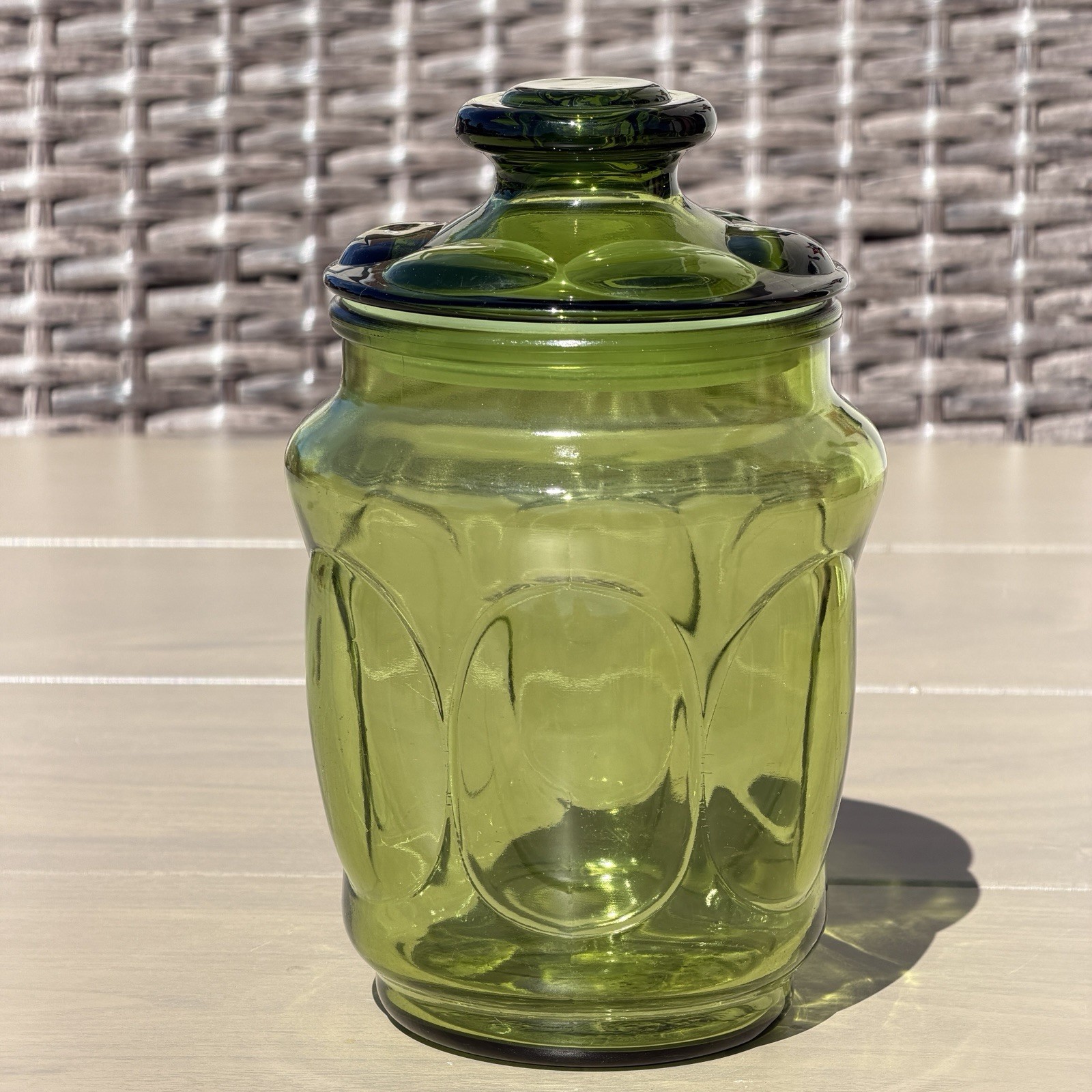 Vintage Green L.E. Smith Bubble Glass Canister W/ Lid Apothocary Candy Jar MCM