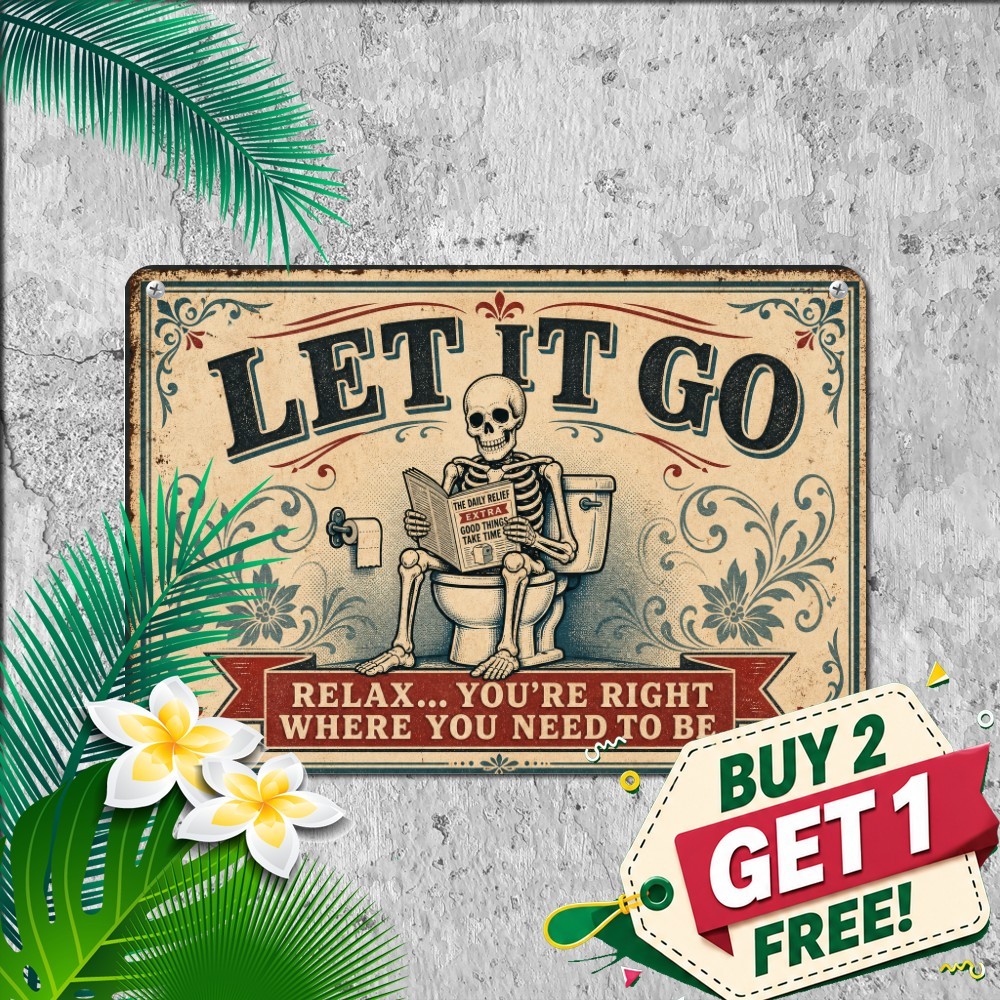 Let That Stuff Go Skull Tin Sign Funny Gothic Bathroom Restroom Metal Decor